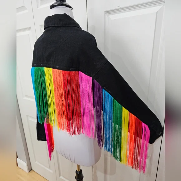 Dolls Kill Club Exx Rainbow Fringe Feel This Moment Black Denim Jacket Coat - Picture 7 of 9